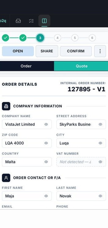 order2quote on a phone: the order screen with delivery details and company information, ready to quote