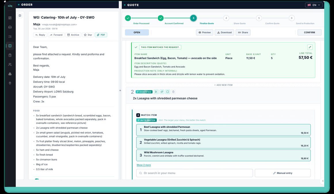 order2quote split view: the incoming catering request on the left, the matched and priced quote on the right